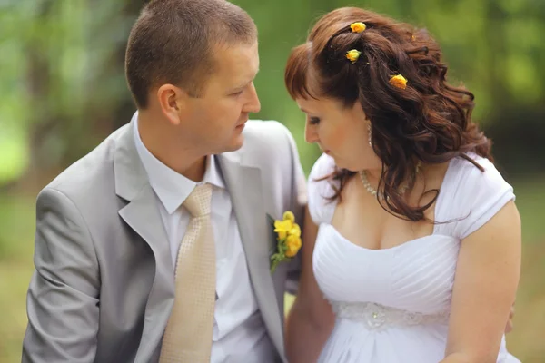 Bride and groom in park — Stock Photo, Image