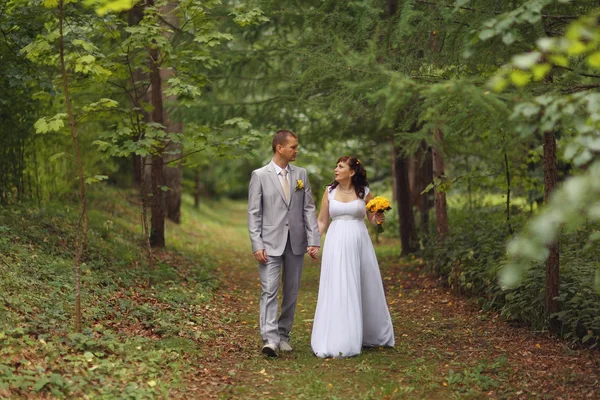 Bride and groom walking in park — Stock Photo, Image