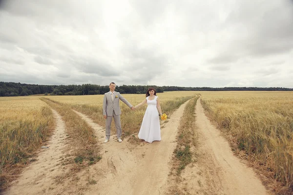 Bruid en bruidegom lopen op tarweveld — Stockfoto