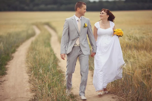 Bride and groom walking on wheat field — Stock Photo, Image