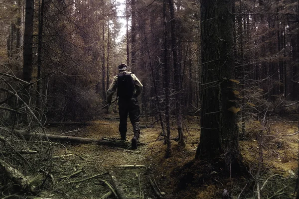 Voyageur en automne forêt mystique — Photo