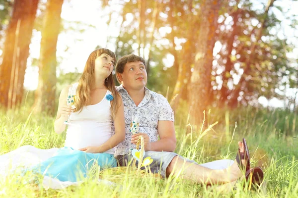 Mann und schwangere Frau sitzen im Gras — Stockfoto