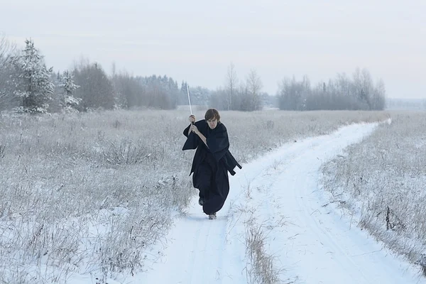 Samurai in winter field — Stock Photo, Image