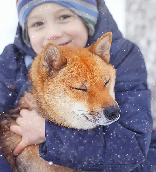 Menino e cachorro no inverno — Fotografia de Stock