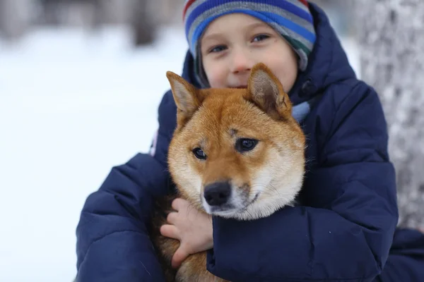 Menino e cachorro no inverno — Fotografia de Stock