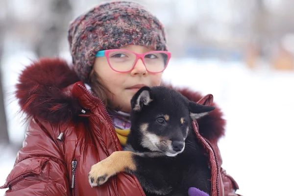 Flicka och valp i vinter — Stockfoto