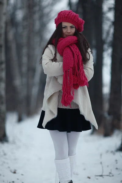 Ung vacker flicka i vinter skog — Stockfoto