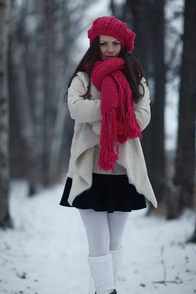 Jovem menina bonita na floresta de inverno — Fotografia de Stock