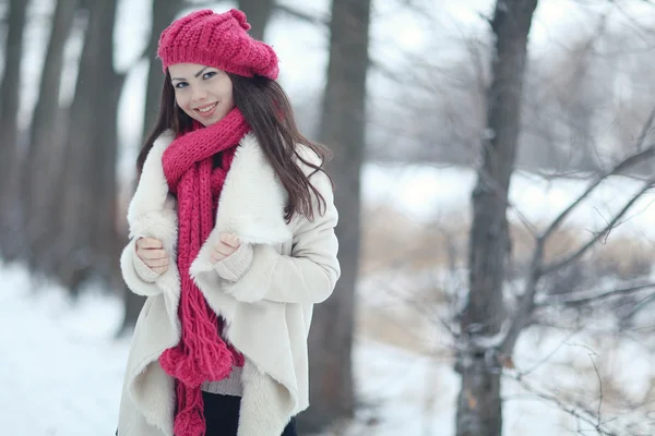 Jovem menina bonita na floresta de inverno — Fotografia de Stock