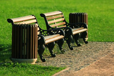 Park bankları, sonbahar kentsel peyzaj
