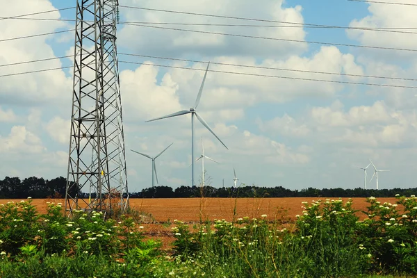 Linie energetyczne i wiatraki — Zdjęcie stockowe