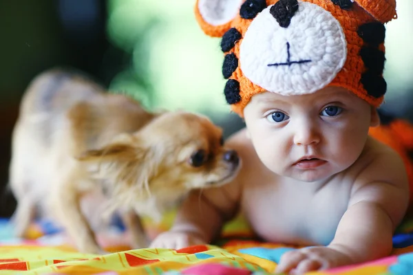 Babyjongen en hond — Stockfoto