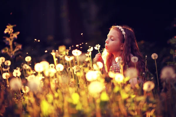 タンポポの花を吹く少女 — ストック写真