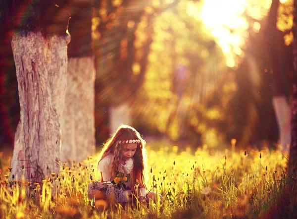 Menina coleta flores no parque ensolarado — Fotografia de Stock