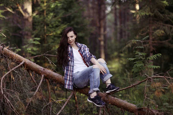 Bella ragazza che viaggia nel bosco — Foto Stock