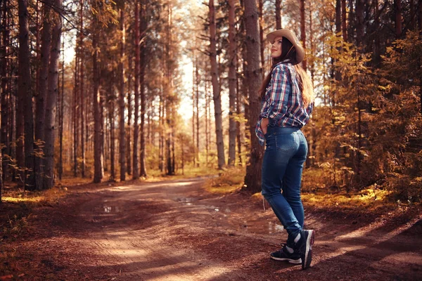 秋の森風景・女の子お散歩 — ストック写真