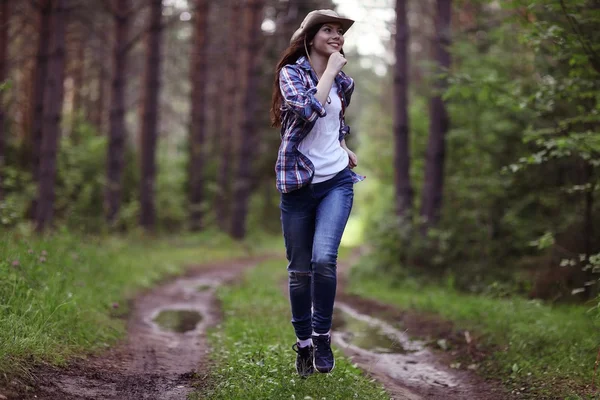 Running girl forester in nature — Stock Photo, Image