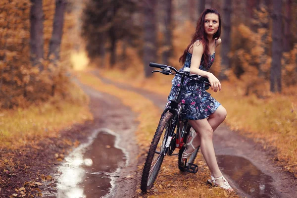 Teen girl bike Forest Indian Summer — Stock Photo, Image