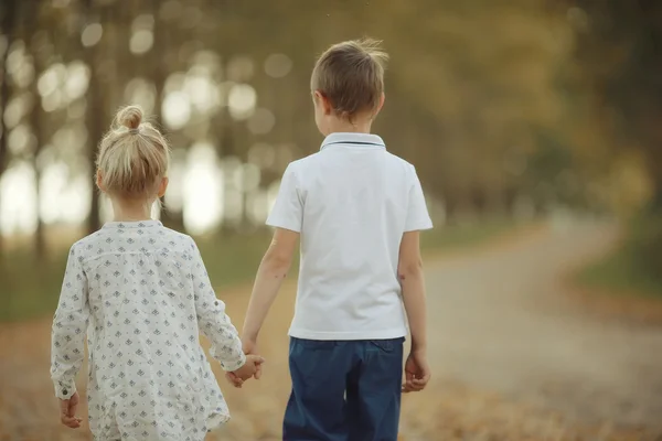 Hermano y hermana Camino de otoño — Foto de Stock