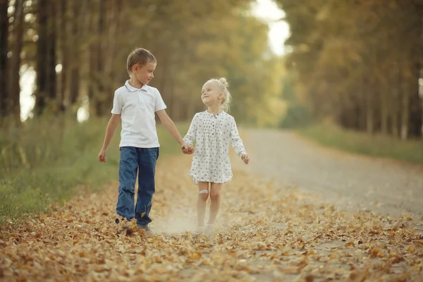 Hermano y hermana Camino de otoño —  Fotos de Stock