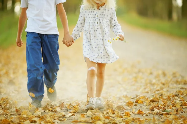 Brother and sister Autumn road — Stock Photo, Image