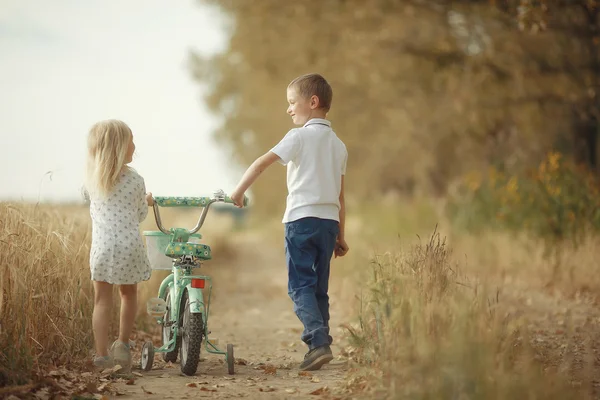 Brother and sister Autumn road bicycle — Stock Photo, Image