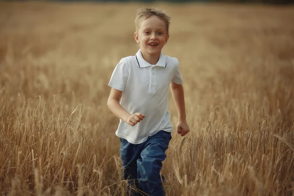 Boy runs through a wheat field — Stock Photo, Image