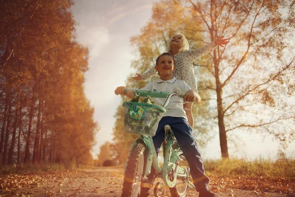 Hermano y hermana Bicicleta de otoño — Foto de Stock