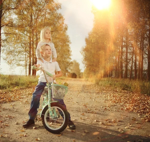 Брат и сестра Осенний велосипед — стоковое фото