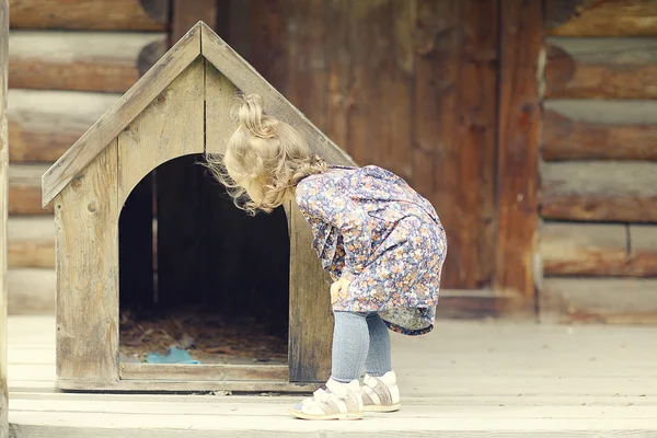 Девочка и маленькая собачка возле собачьего домика — стоковое фото
