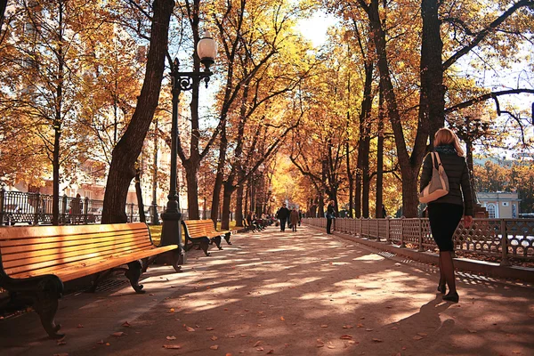 Park bench autumn urban landscape — Stock Photo, Image