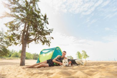 Sahibi olan güzel çoban köpeği kumlu bir sahilde ağacın altında çadır kurarak vakit geçiriyor.