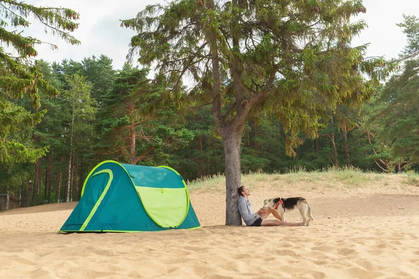 Beautiful shepherd dog with owner sitting by tent under a tree on a sandy beach