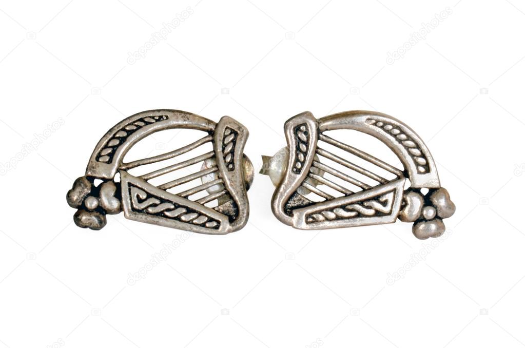 Silver earrings in form of celtic harp with clover