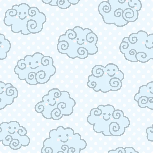 Patrón sin costuras con divertidas nubes de dibujos animados sobre fondo de guisantes azules . — Vector de stock