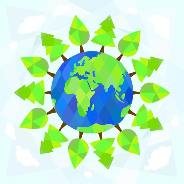 Ağaçları saran mavi arka plan yeryüzünde. Ekoloji kavramı.