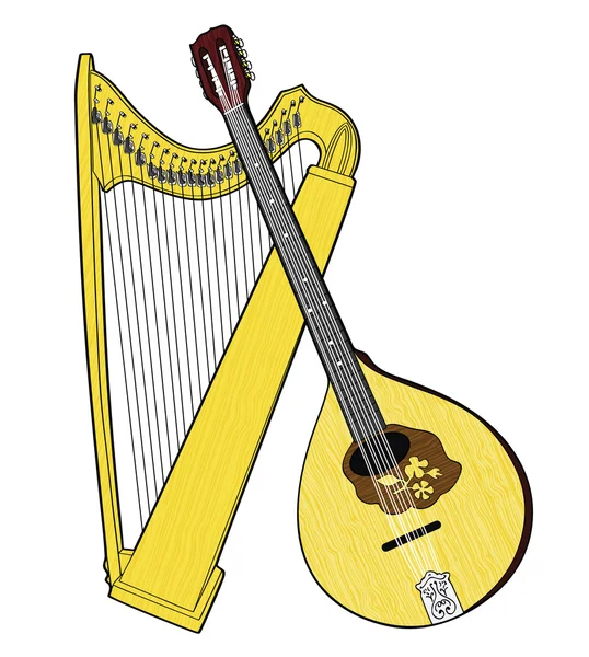 Irish National Musical Instruments. Arpa Celta y Bouzouki — Archivo Imágenes Vectoriales