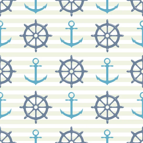 Seamless pattern with steering wheel and anchor on striped background — Stock Vector