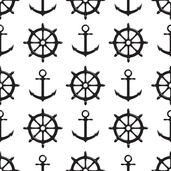 Seamless pattern with steering wheel and anchor on white background. — Stock Vector