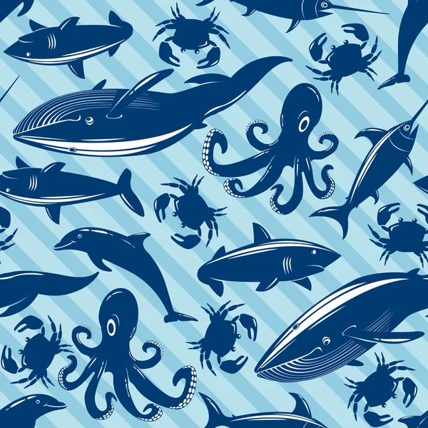 Modèle sans couture avec des animaux de mer sur fond rayé bleu — Image vectorielle