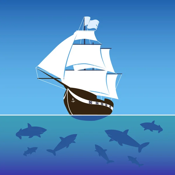 Sailing ship surrounded by sharks in the sea — Stock Vector