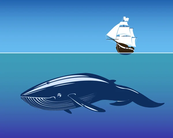 Velero y enorme ballena en las profundidades — Vector de stock