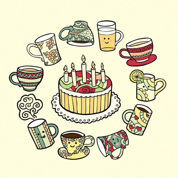 Tarjeta de felicitación con pastel dibujado a mano garabato y tazas de té . — Vector de stock