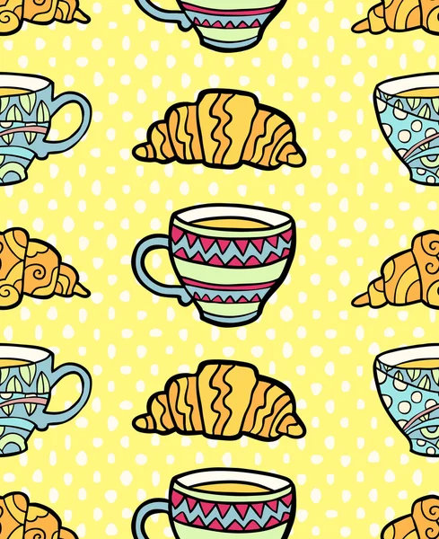 Patrón sin costuras con copa y croissant sobre fondo amarillo texturizado . — Vector de stock