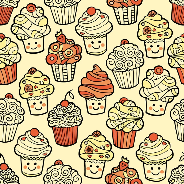 Patrón sin costuras con lindos cupcakes sonrientes sobre un fondo cálido . — Vector de stock