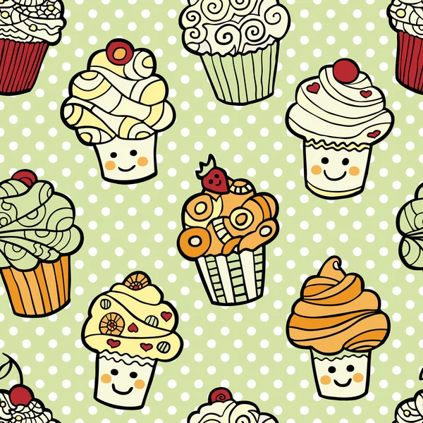 Patrón sin costuras con lindos cupcakes sonrientes sobre fondo verde punteado . — Vector de stock