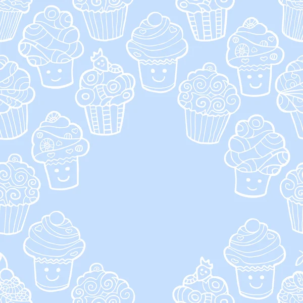 Μπλε φόντο με χαριτωμένο doodle cupcakes. — Διανυσματικό Αρχείο