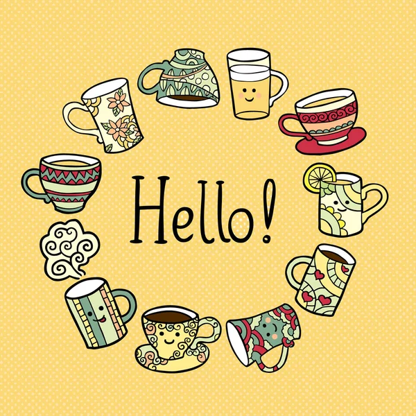 Hello Card с чашками чая с дудлом . — стоковый вектор