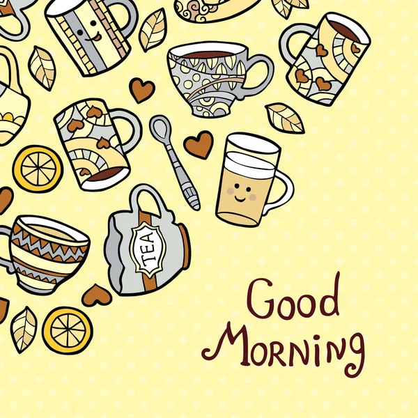 Good Morning Card con tazas de té de garabato sobre fondo punteado . — Vector de stock
