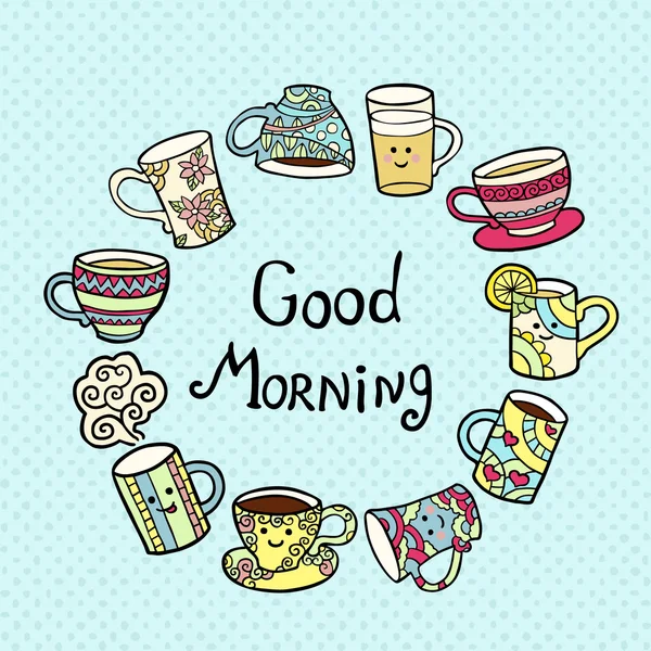 Good Morning Card with doodle tea cups on blue background.